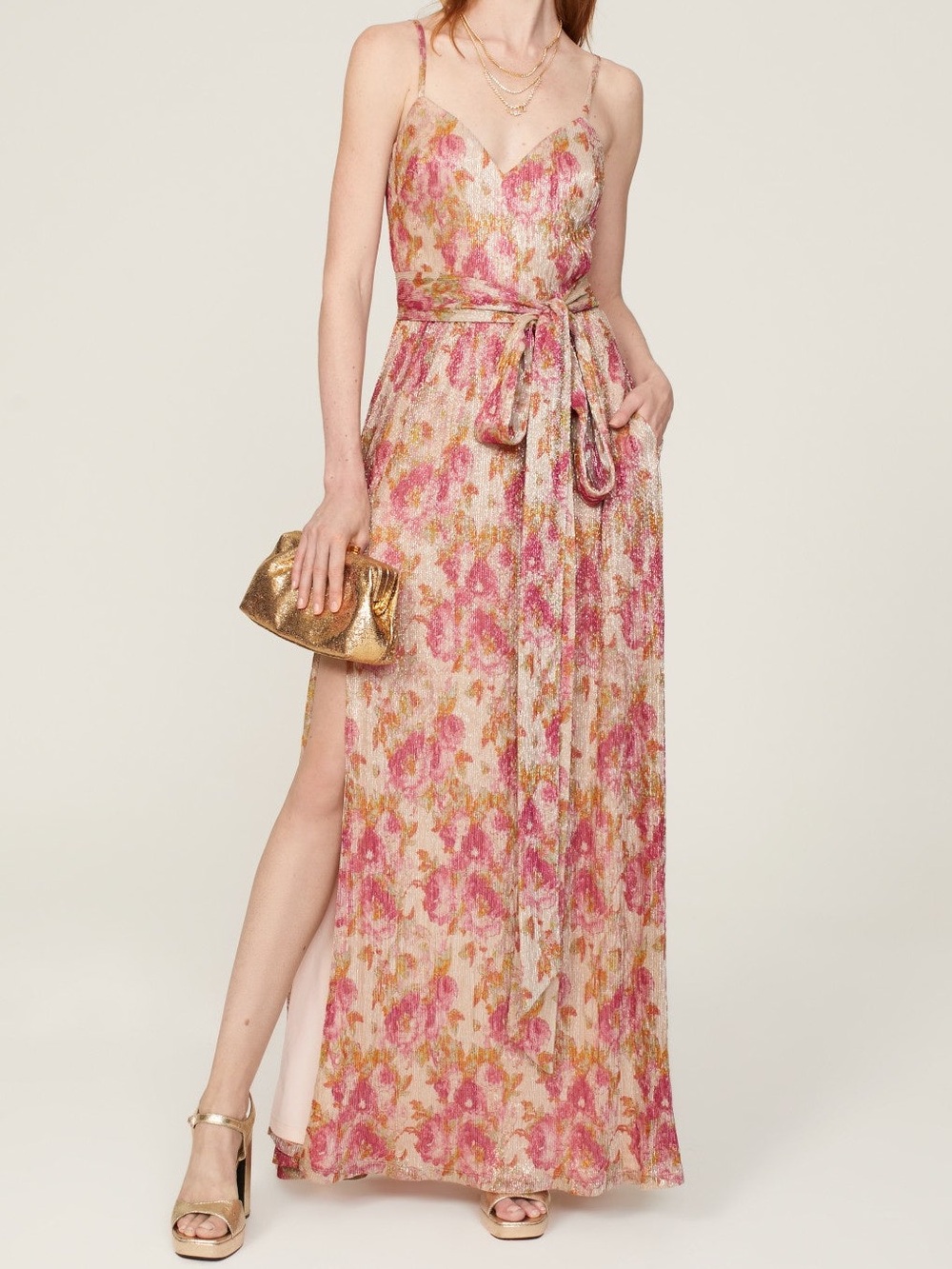 Dress the Population Chrissy Dress Pink Floral V-Neck Maxi Gold Accents